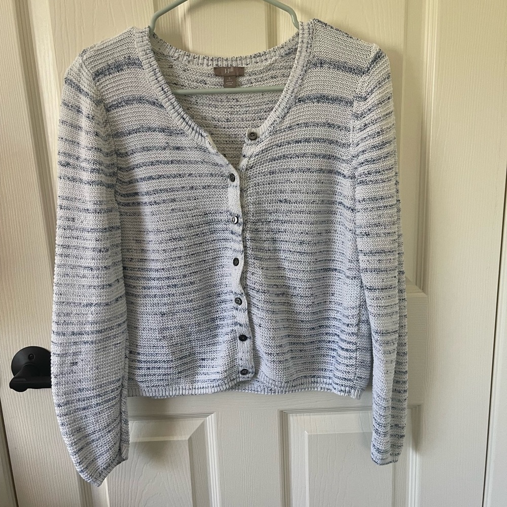 J. Jill Cardigan Sweater Knit Button Down White/Blue Women’s Size Small Petite